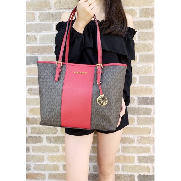 Michael Kors Jet Set Travel Medium Carryall Tote Brown MK Signature Scarlet Red - Picture 12 of 12